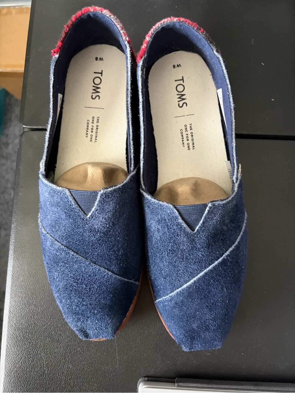 Toms Navy Suede Slip-On Moccasins with Red Trim